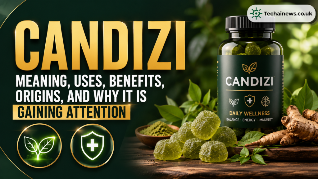 Candizi wellness gummies bottle and green supplement jellies on a wooden table with natural ingredients, featured on TechAI News.