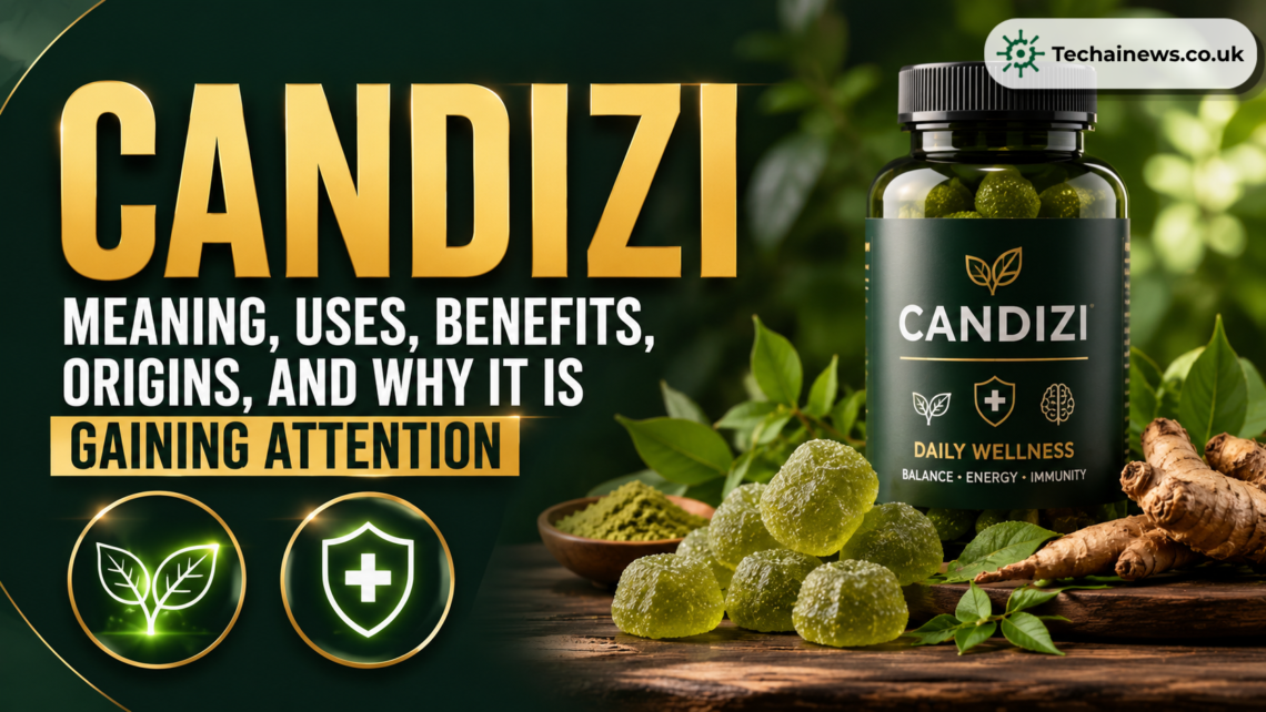 Candizi wellness gummies bottle and green supplement jellies on a wooden table with natural ingredients, featured on TechAI News.