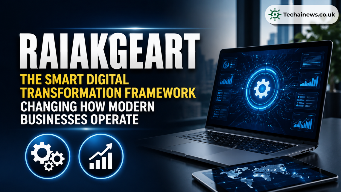 Raiakgeart smart digital transformation framework displayed on a laptop screen showing a network gear icon, with a tablet displaying a global connectivity map on a modern office desk.