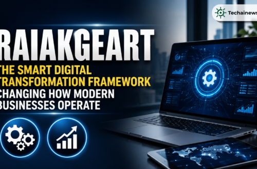 Raiakgeart smart digital transformation framework displayed on a laptop screen showing a network gear icon, with a tablet displaying a global connectivity map on a modern office desk.