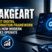 Raiakgeart smart digital transformation framework displayed on a laptop screen showing a network gear icon, with a tablet displaying a global connectivity map on a modern office desk.