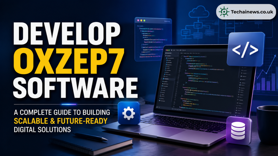 Oxzep7 software development guide featured on a laptop screen displaying lines of source code, surrounded by floating digital icons for coding, database, and cloud system integration on TechAI News.