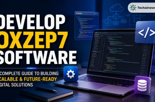 Oxzep7 software development guide featured on a laptop screen displaying lines of source code, surrounded by floating digital icons for coding, database, and cloud system integration on TechAI News.