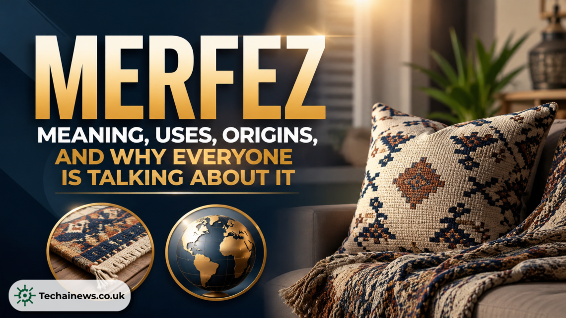 High-quality Merfez text in gold font featured alongside a handcrafted bohemian-style pillow and throw blanket on a living room sofa, including a miniature globe icon and a close-up of a woven rug.