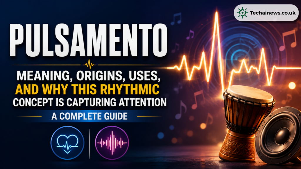 Pulsamento rhythmic concept graphic featuring an acoustic djembe drum, a modern sound speaker, and a glowing sound wave heartbeat line on TechAI News.