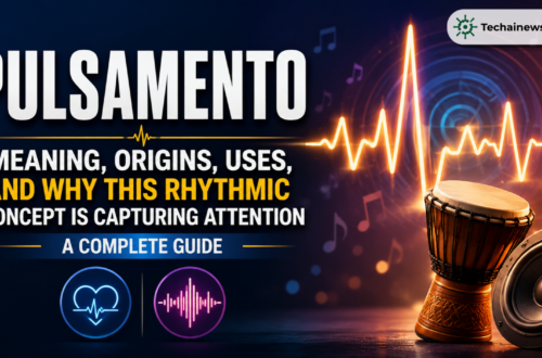 Pulsamento rhythmic concept graphic featuring an acoustic djembe drum, a modern sound speaker, and a glowing sound wave heartbeat line on TechAI News.