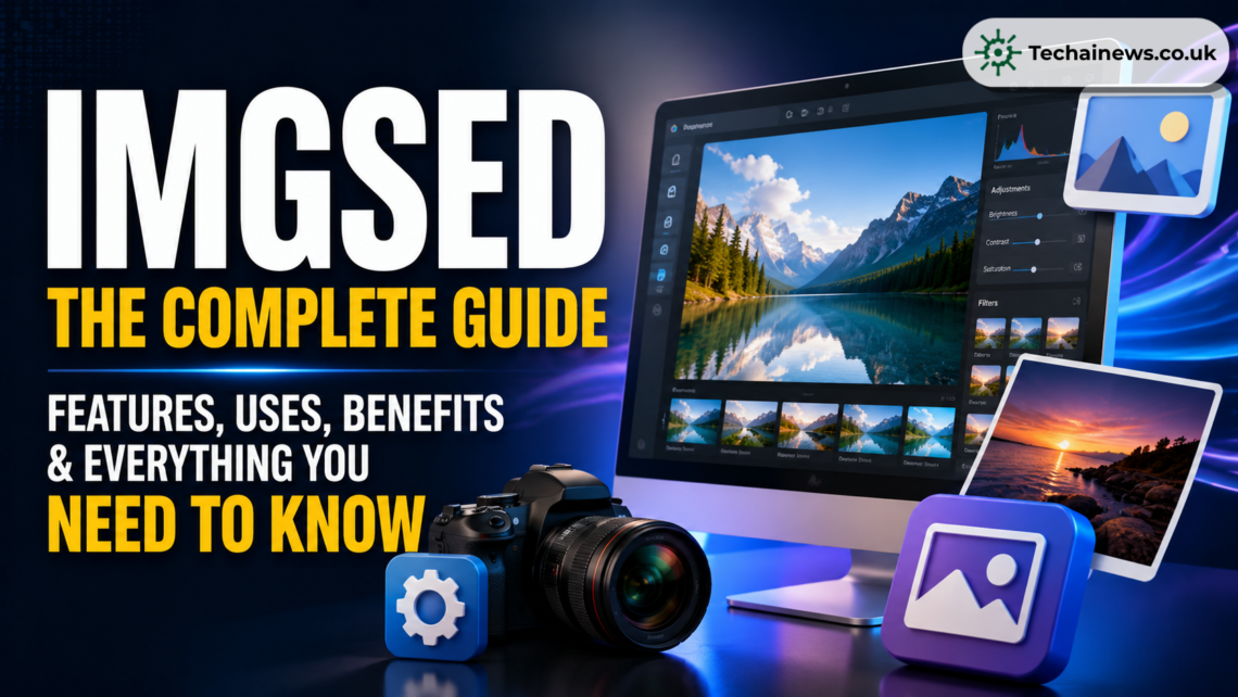 Imgsed complete guide graphic featuring a desktop monitor displaying a professional landscape photo-editing dashboard, a DSLR camera, and floating image gallery icons on TechAI News.