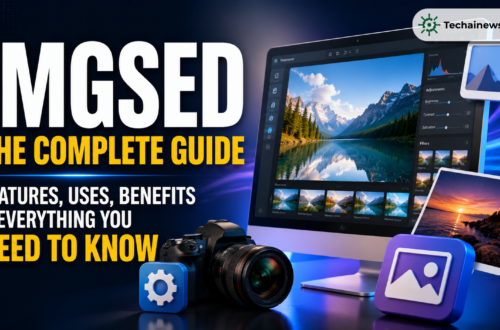 Imgsed complete guide graphic featuring a desktop monitor displaying a professional landscape photo-editing dashboard, a DSLR camera, and floating image gallery icons on TechAI News.