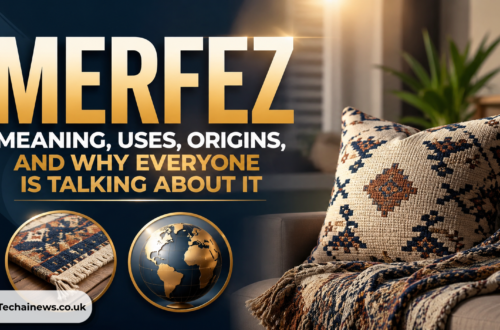 High-quality Merfez text in gold font featured alongside a handcrafted bohemian-style pillow and throw blanket on a living room sofa, including a miniature globe icon and a close-up of a woven rug.