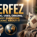 High-quality Merfez text in gold font featured alongside a handcrafted bohemian-style pillow and throw blanket on a living room sofa, including a miniature globe icon and a close-up of a woven rug.